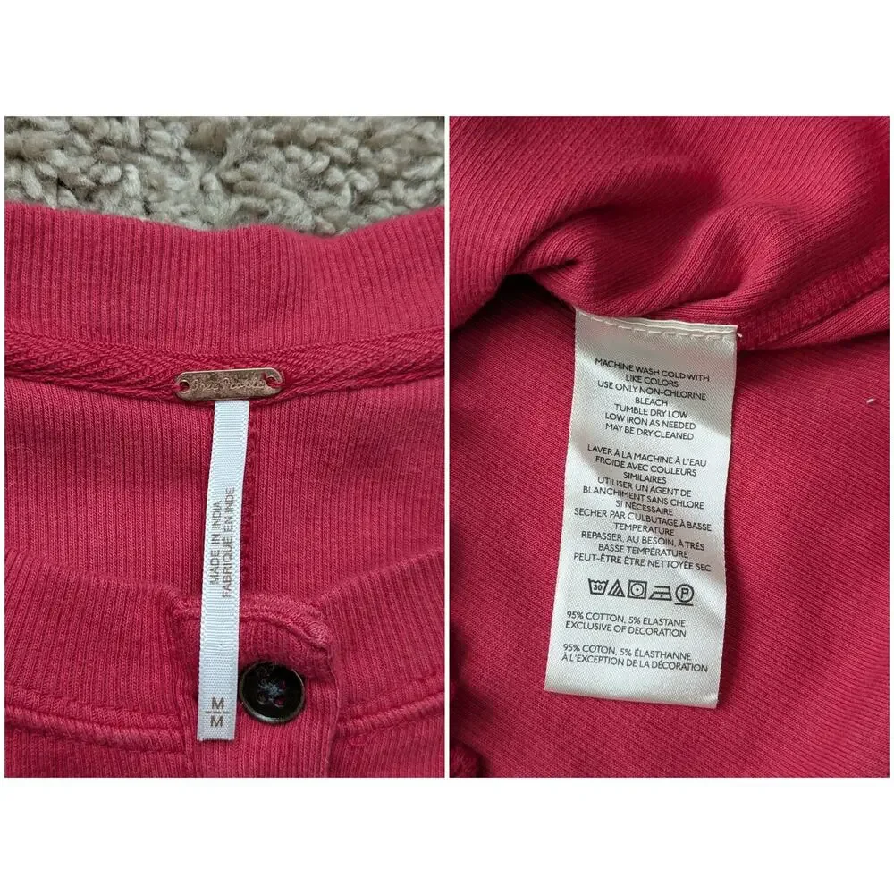 Free People Fleur Embroidered Cuff Henley Top Womens M Red-Pink Floral Boho